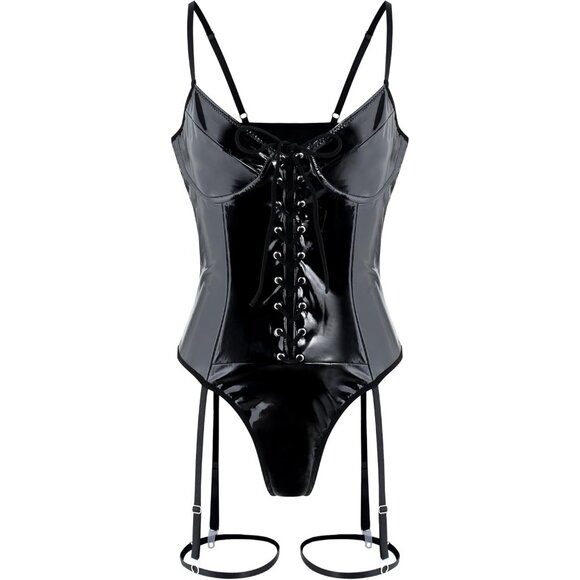Women's Bright Black Teddy Bodysuit Corset Bustier Nightout One Piece Top Outfit - Picture 5 of 5